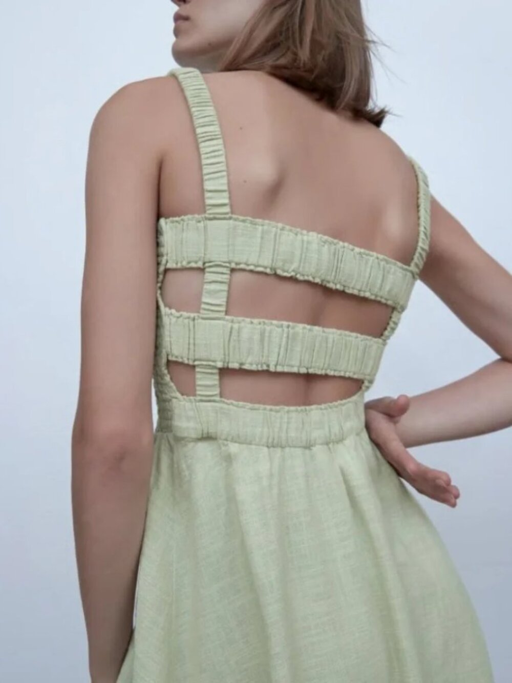 ZARA 100% Cotton Smocked Midi Dress Light Sage Green Size S